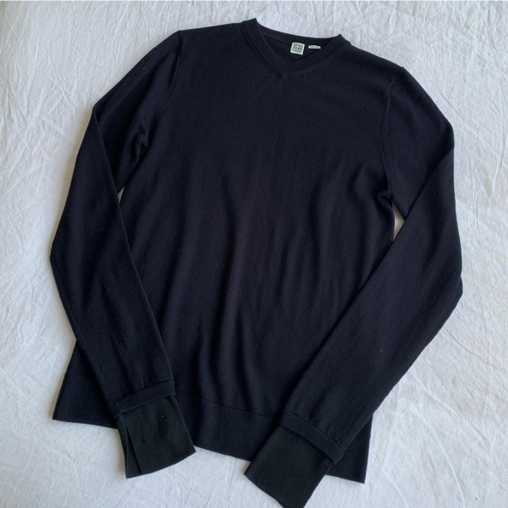 Toteme Two Tone High V Neck Knit Wool Silk Cuff Sweater Navy Blue - Picture 8 of 16